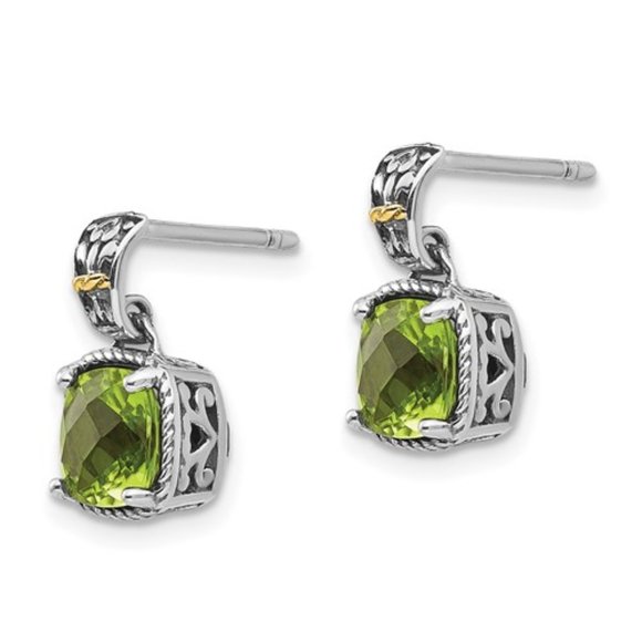 Sterling Silver w/ 14K Accent Antiqued Cushion Peridot Dangle Post Earrings - Picture 2 of 4
